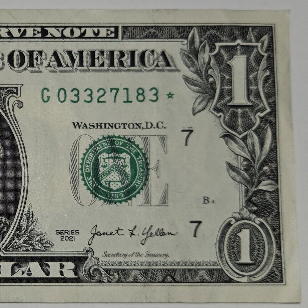 RARE US One Dollar‎ Bill Star Note Series 2021 G03327183* Low Run (B320)